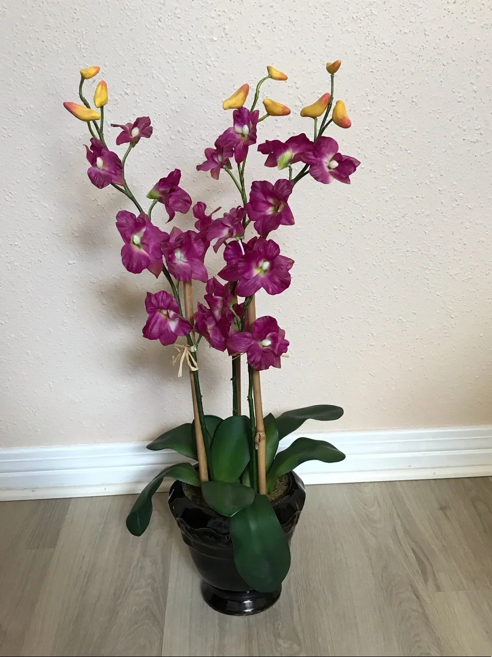Purple Orchid Arrangement in Black Ceramic Pot - Artificial Floral Accent